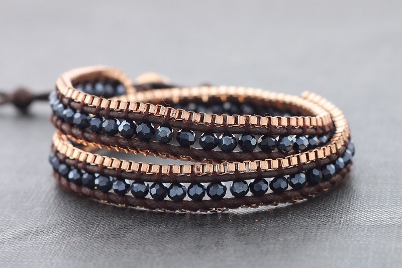 Midnight Crystal Copper Double Wrap Bracelets Woven Beaded Chain - Bracelets - Paper Gold