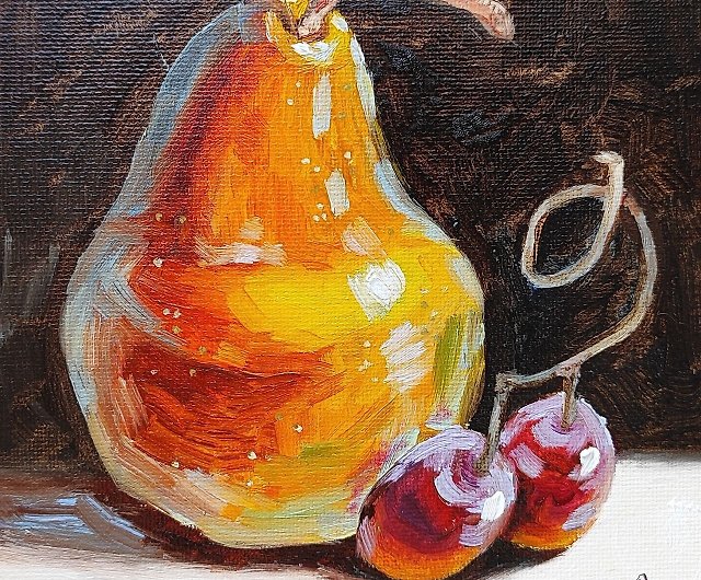 明るい梨の絵オリジナル油絵静物画 15 × 15 cm フルーツアートワーク 