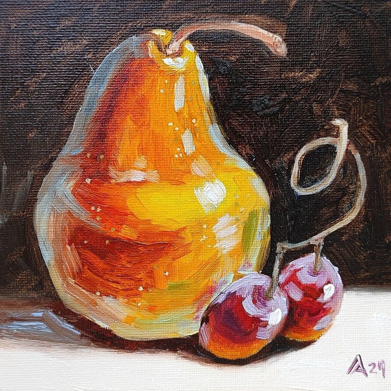 Bright pear painting original oil art still life 15 by 15 cm fruit artwork - Posters - Other Materials Yellow