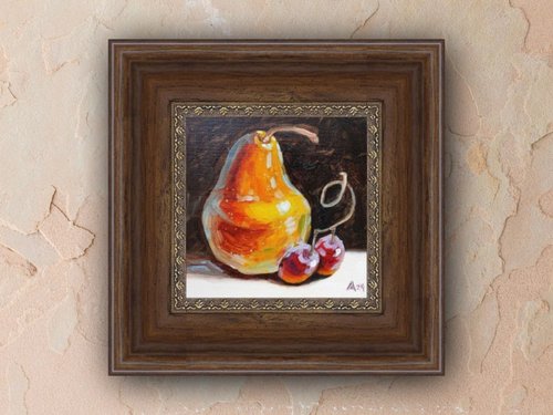 フルーツの静物画 油彩 明るい梨の絵オリジナル油絵静物画 15 × 15 cm フルーツアート