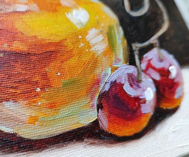 明るい梨の絵オリジナル油絵静物画 15 × 15 cm フルーツアート