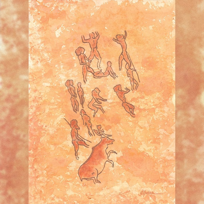 Deer hunting painting interior Prehistoric art Watercolor end pastel drawing - โปสเตอร์ - กระดาษ สีส้ม