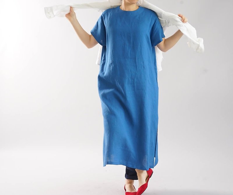 wafu   linen dress / loose fitting / oversized / Cobalt blue a041e-usa1 - One Piece Dresses - Cotton & Hemp Blue