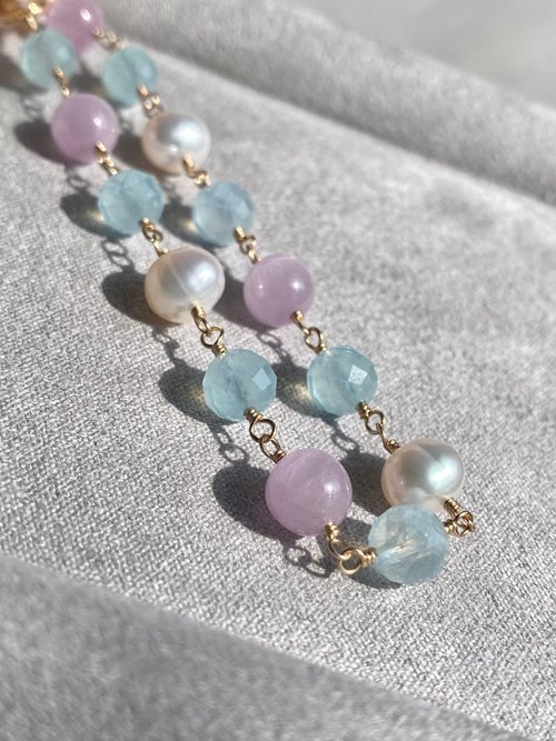 アクアマリン クンツァイト 淡水パール || 14KGFフィルドブレスレット