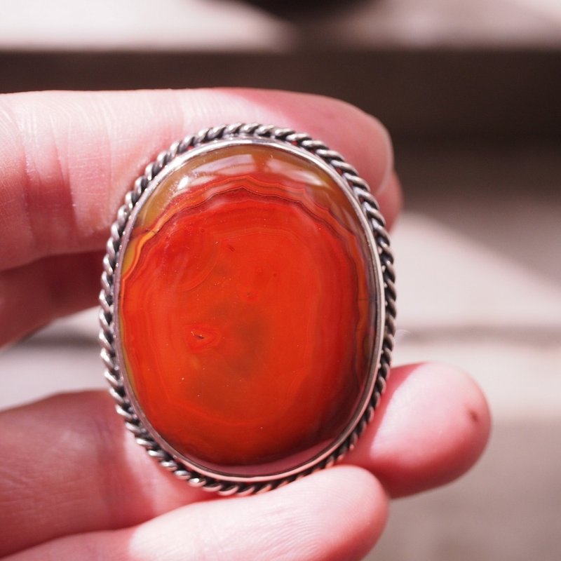 超大顆 戰國紅瑪瑙 手工純銀戒指 Natural Red Agate 紅色的寶石 - 戒指 - 半寶石 紅色