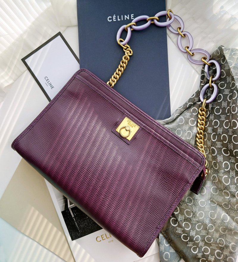中古美品 CELINE 圓環鏈條包單肩腋下包手拿包手提包公文包公事包 - 手提包/手提袋 - 真皮 紫色