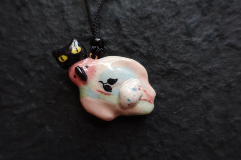 Original handmade ceramic necklace free bird cat design cool sweater chain gift - Necklaces - Pottery Multicolor