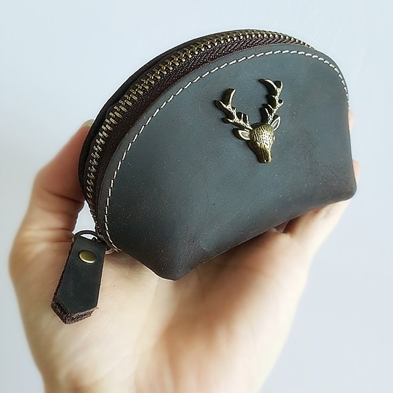Lettering coin purse Crazy horse leather zipper small bag key bag small storage bag retro shell bag birthday gift - Coin Purses - Genuine Leather Brown