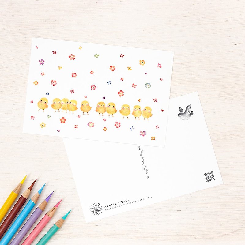 Set of 5 pieces. Like a picture book. Postcard "Nakayoshi's chicks and flowers" PC-109 - Cards & Postcards - Paper Yellow