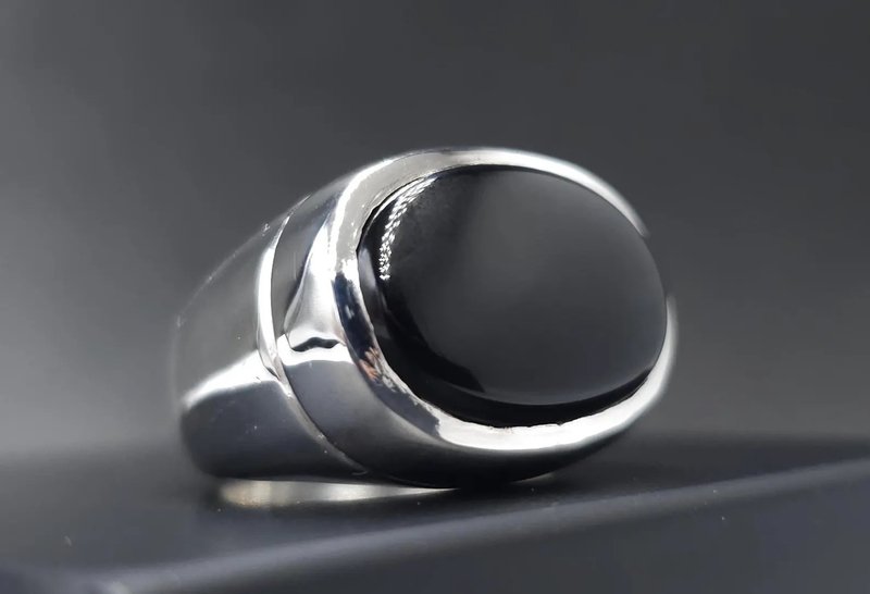 Black Aqeeq 男士純銀 925 黑瑪瑙 Hakik 戒指 完美禮物 - 戒指 - 寶石 黑色