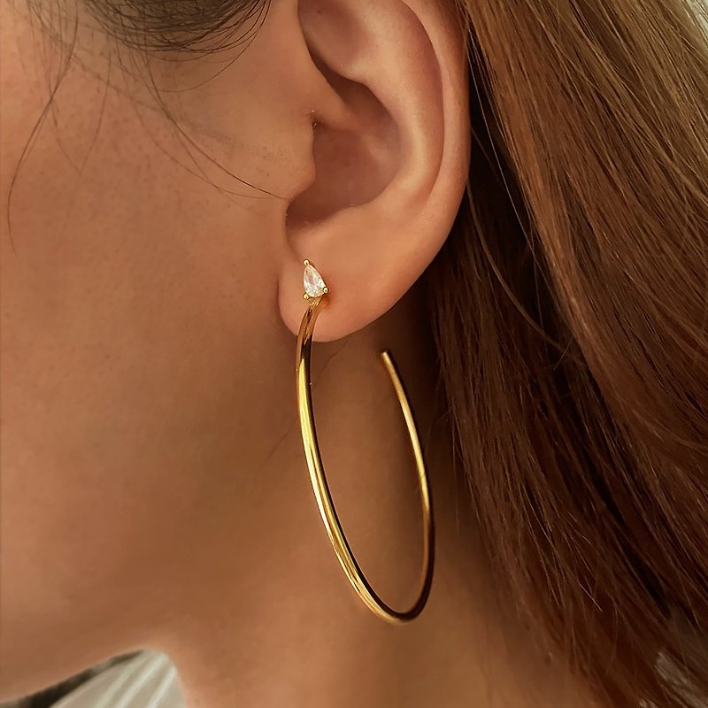 【CReAM】預購Haley 歐美大圓圈圓弧純銀鍍18K金色金屬鋯石耳環 - 耳環/耳夾 - 其他金屬 