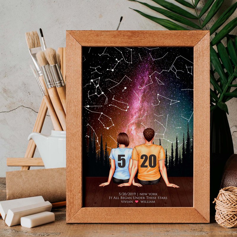 【可愛風似顏繪】交往紀念日當天的真實星空夜晚 A6木框 週年禮物 - 似顏繪/客製畫 - 木頭 綠色