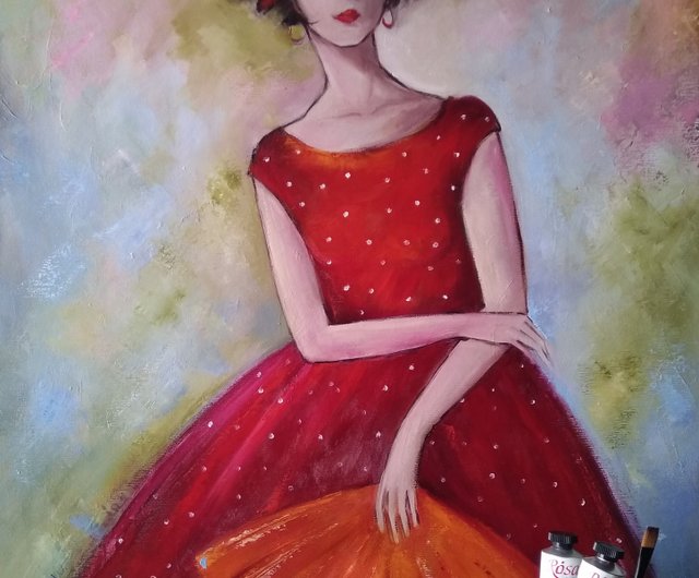 赤いドレスの女の子比喩的な絵画 - ショップ OlesyaArt ウォールデコ