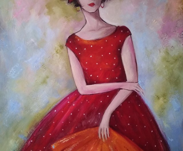 赤いドレスの女の子比喩的な絵画 - ショップ OlesyaArt ウォールデコ