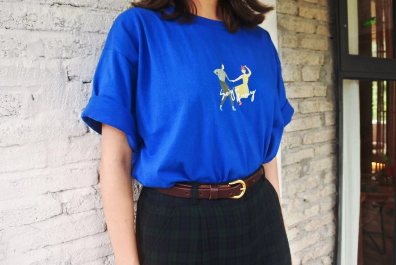 Birdddland原創手繪SwingDance 復古重磅Tshirt 克萊因藍色 - 帽T/大學T - 棉．麻 藍色