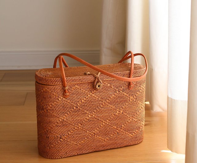 Bali Rattan Woven Tote Bag with Leather Strap for Woman|Ganapati Crafts Co.