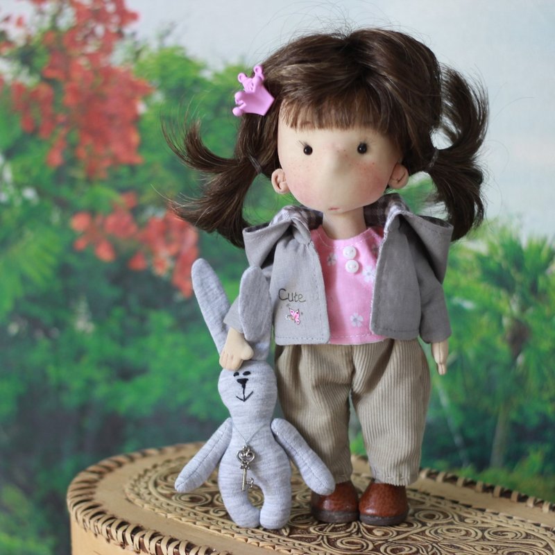 Fabric art doll with rabbit. Interior doll. Ready to ship doll - Kids' Toys - Other Materials Multicolor