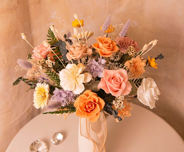 美しい】ピンクオレンジ紫ドライフラワーの花嫁ブーケ永遠の花