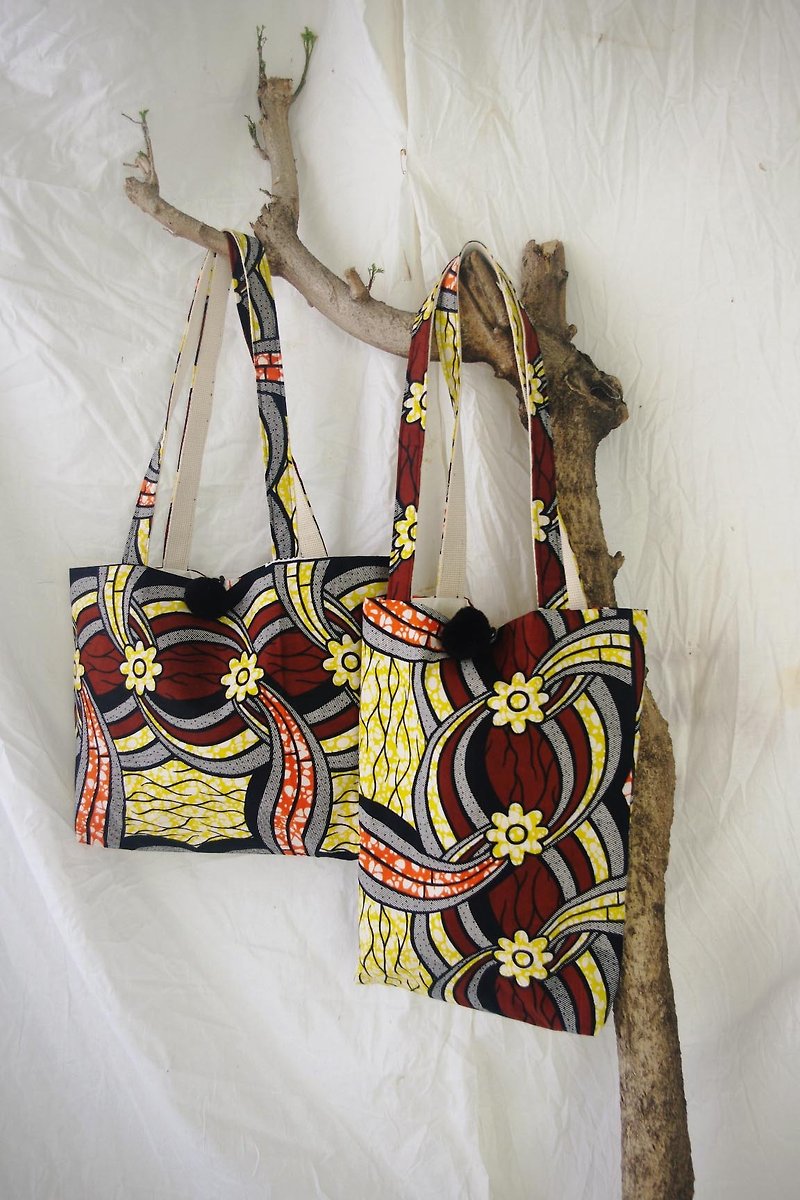 手作り - アフリカの生地の花の毛球トート - ショルダーバッグ - コットン・麻 イエロー