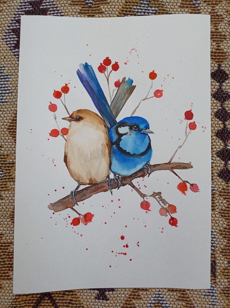 Watercolor original art 2 blue bird room decor painting by Anne Gorywine - 壁貼/牆壁裝飾 - 紙 藍色