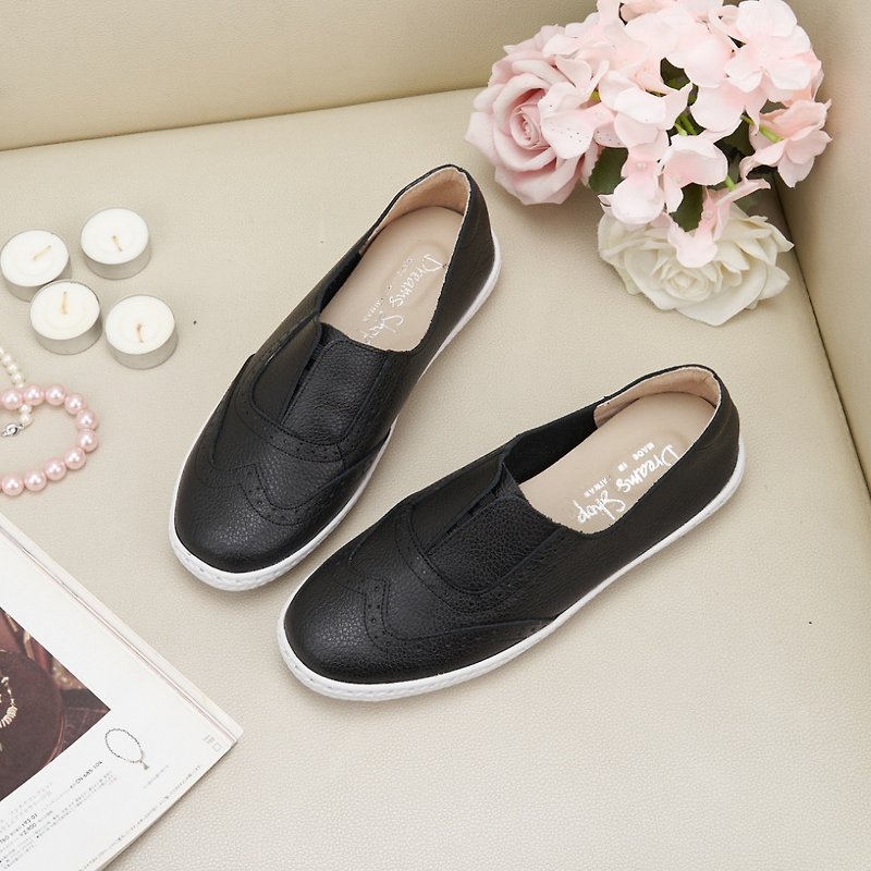 England Carved Flat Casual Shoes White Shoes Black Bean - รองเท้าลำลองผู้หญิง - หนังแท้ สีดำ