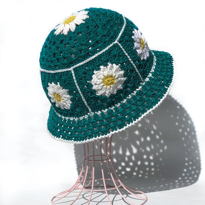 【クロシェハット】かぎ針編みのクロシェ お花のバケットハット グリーン - 帽子 - 棉．麻 綠色