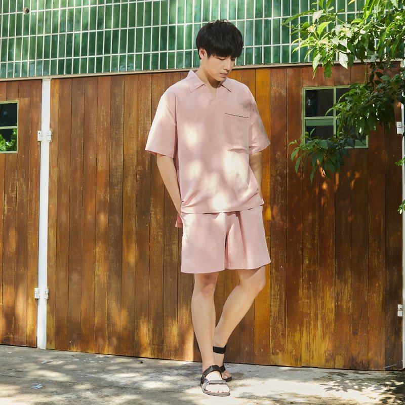 in.house 休閒麻連衣裙， V 領，短袖 - 睡衣/居家服 - 亞麻 粉紅色