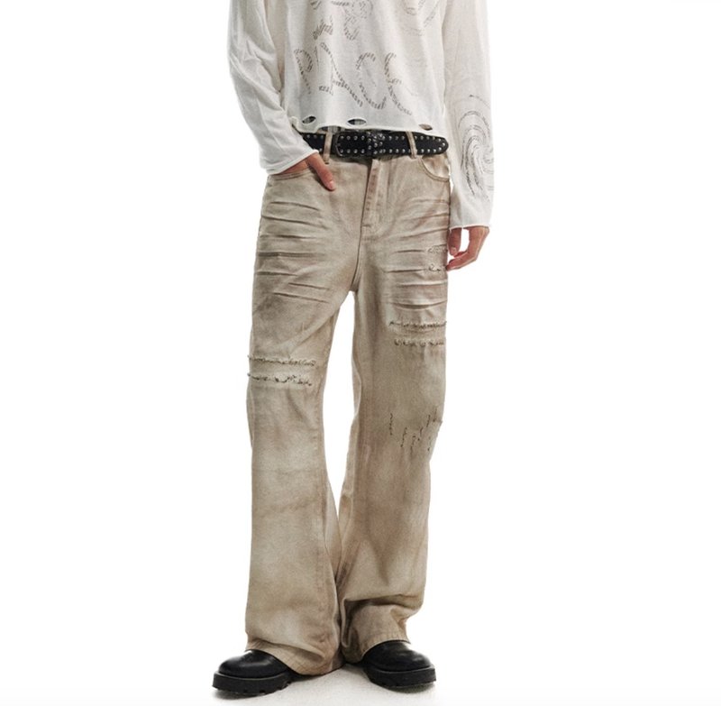 Dirty Denim 重工髒染做舊微喇牛仔褲 - 中性長褲/短褲 - 其他材質 