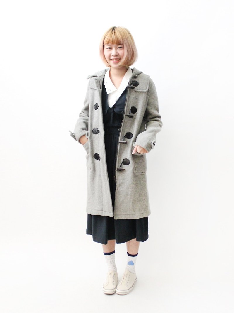 【RE1229C384】韓國製格紋內裡修身灰色連帽古著牛角扣大衣外套 - 女大衣/外套 - 羊毛 灰色