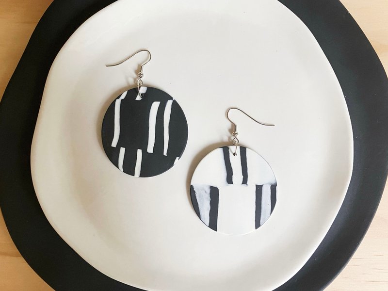 Earrings Series | Black and White Porcelain Hoop Earrings - Earrings & Clip-ons - Pottery Black