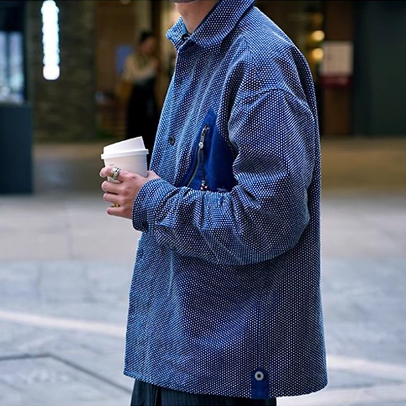 日系藍染刺子工裝襯衫長袖補丁破壞水洗夾克復古寬松外套 - 男裝 恤衫 - 棉．麻 藍色
