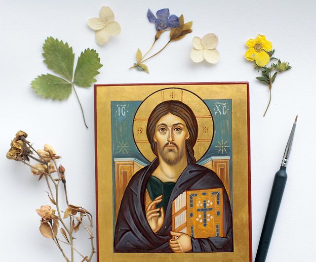 イエス・キリストのイコン 手描き ギリシャイコン テンペラ - 美術品 