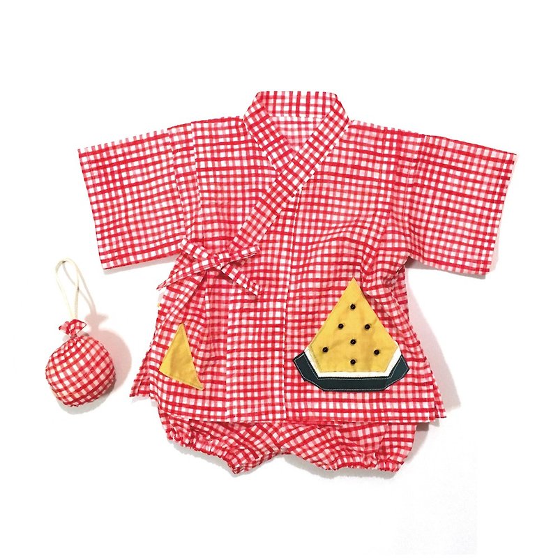 赤ちゃんじんべい　赤チェック × スイカ - 出産祝い用贈物 - コットン・麻 レッド
