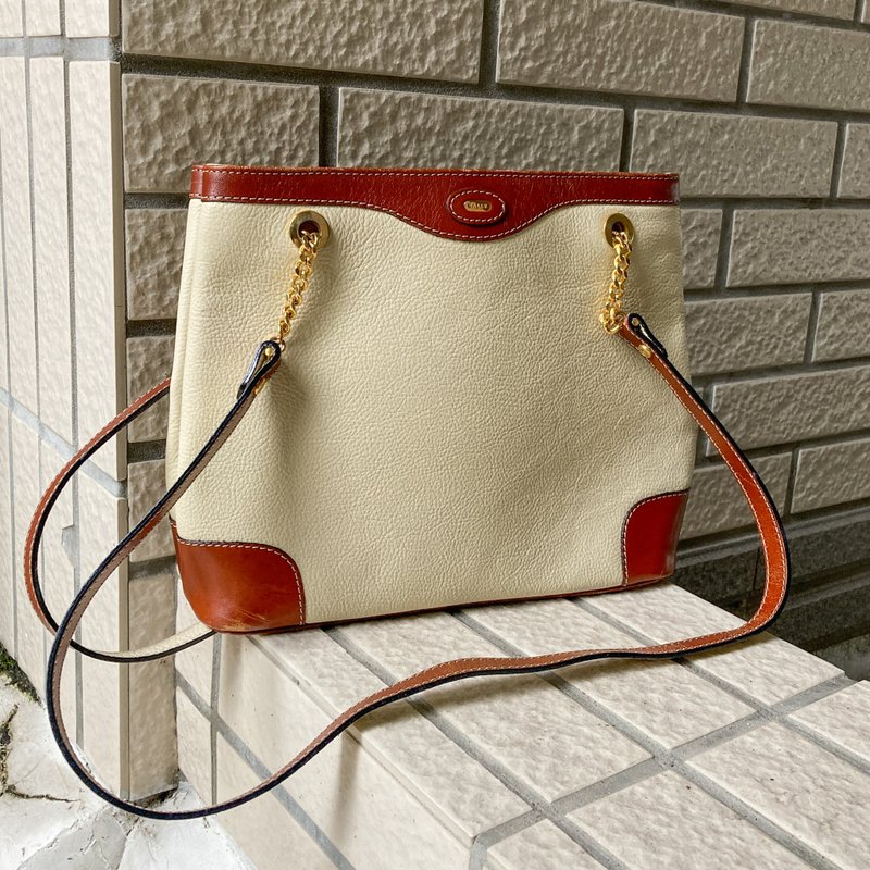 BALLY 米白厚實拼接棕色皮革邊角 金屬背帶 瑞士品牌 古董包 復古 - 側背包/斜背包 - 其他材質 白色