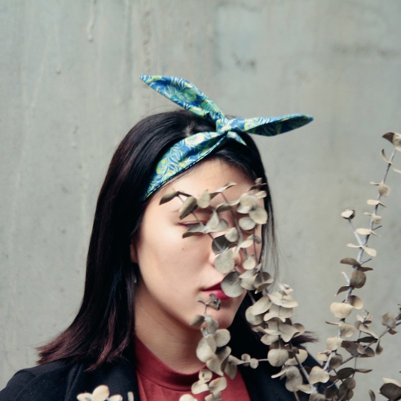 Peacock//cotton/Taiwan handmade aluminum steel hair band - Headbands - Cotton & Hemp Blue