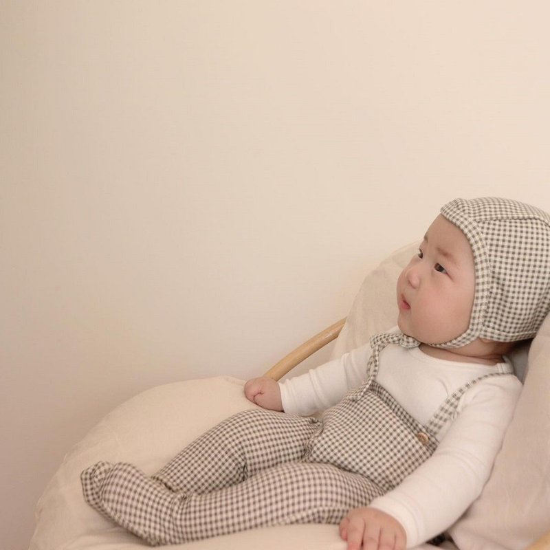韓國秋季棉質格子初生吊帶褲連帽子套裝Check check Newborn Set - 彌月禮盒 - 棉．麻 
