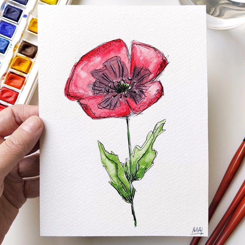 Vibrant Poppy Watercolor Original Artwork Handcrafted - Wall Décor - Paper Multicolor