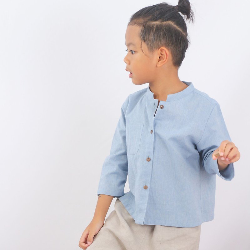 Kids Cotton Top, Mandarin Collar Shirt, Long Sleeve, Blue, Jackie - Tops & T-Shirts - Cotton & Hemp Blue