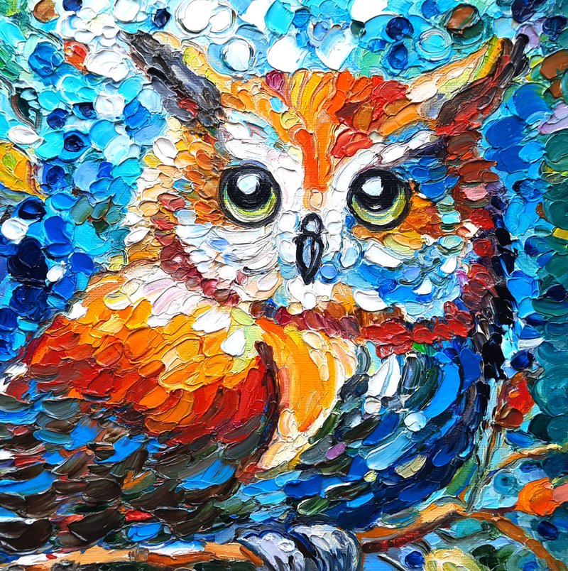 Owl Art Bird Colorful Original Art  Oil Painting  Oil On Cardboard 20 by20sm - 壁貼/牆壁裝飾 - 其他材質 多色