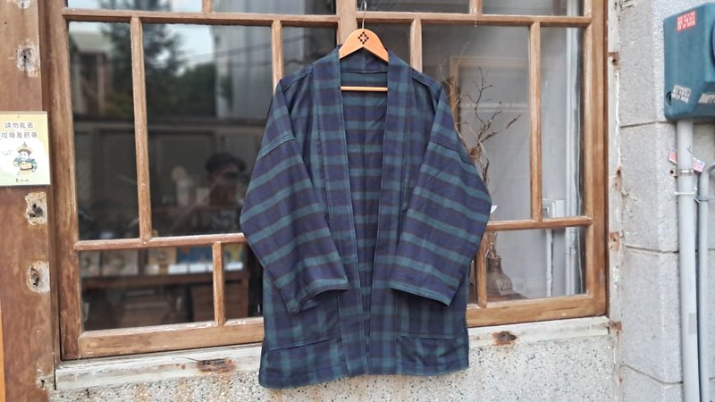 AMIN'S SHINY WORLD Classic Polo Green Plaid Jacquard KIMONO Lightweight - Men's Coats & Jackets - Cotton & Hemp Green