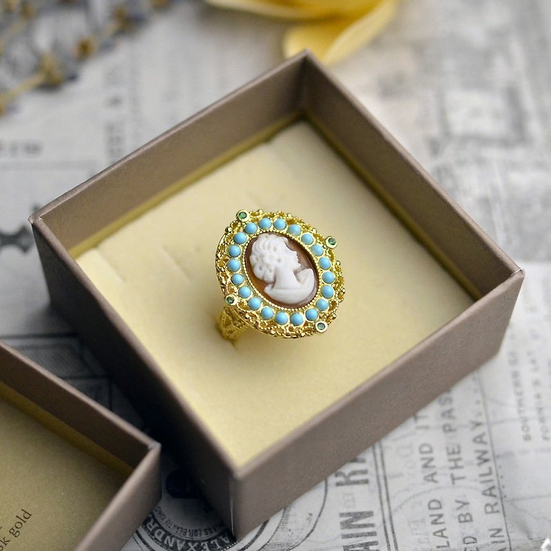 CAMEO Italian Handmade Shell Carving Light Jewelry-Engraved Antique Ring (turquoise) A955 - แหวนทั่วไป - โลหะ สีทอง