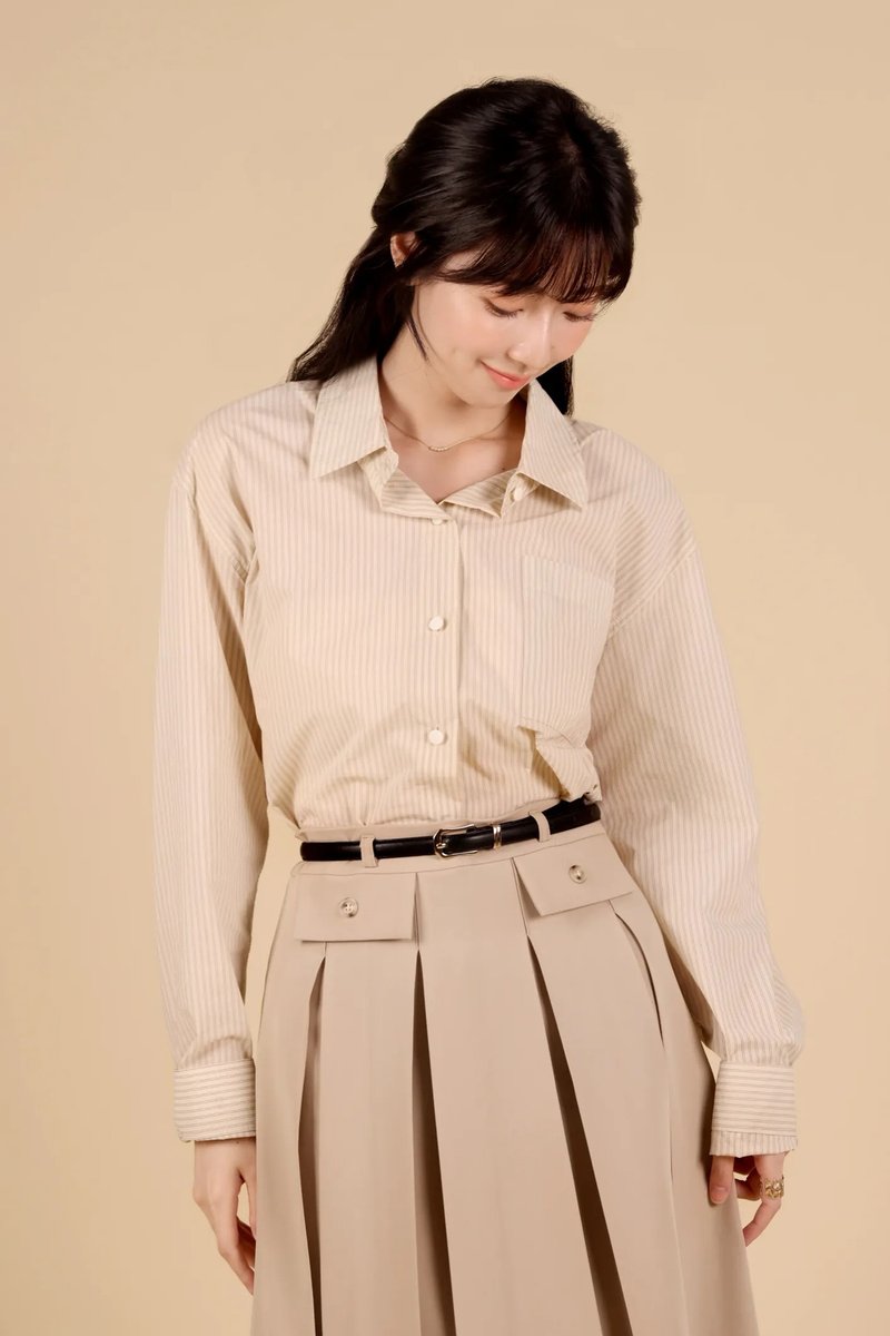 Intellectual Lady pure cotton vertical striped shirt - temperament apricot - เสื้อเชิ้ตผู้หญิง - ผ้าฝ้าย/ผ้าลินิน สีกากี