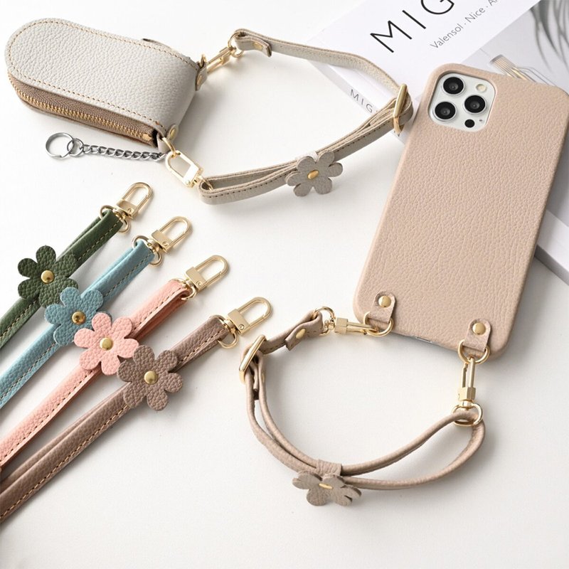 Adjustable Length Short Strap [Shrink Leather] Smartphone Strap Hand Strap Dull Color Flower Lover Leather Mother's Day FS31K - Phone Accessories - Genuine Leather Brown