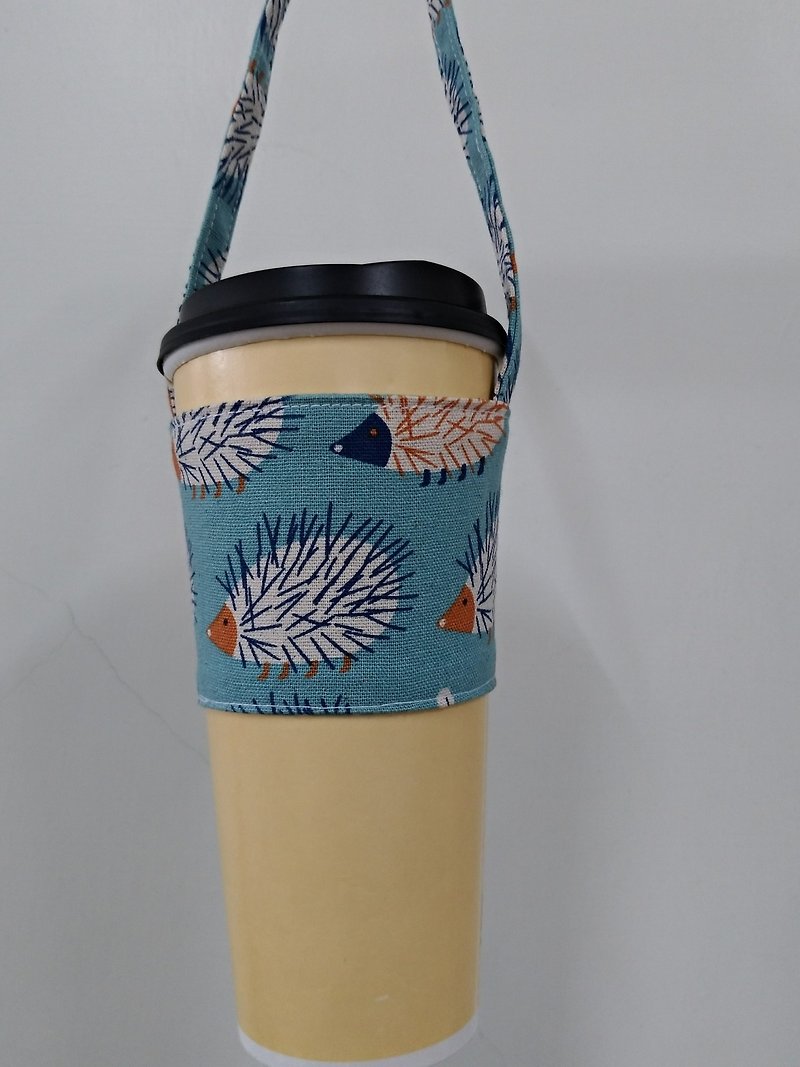 Drink Cup Set Eco Cup Set Hand Drink Bag Coffee Bag Tote Bag - Hedgehog Blue - Beverage Holders & Bags - Cotton & Hemp 