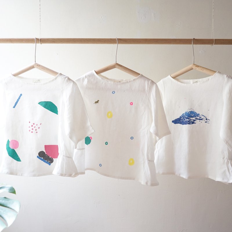 Yinke白色亞麻手工印花腰間抽皺五分袖上衣 - 女上衣/長袖上衣 - 棉．麻 白色