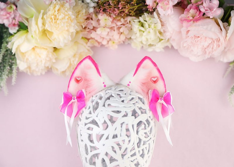 White and Pink Cheshire Cat Ears - 髮夾/髮圈 - 其他人造纖維 粉紅色