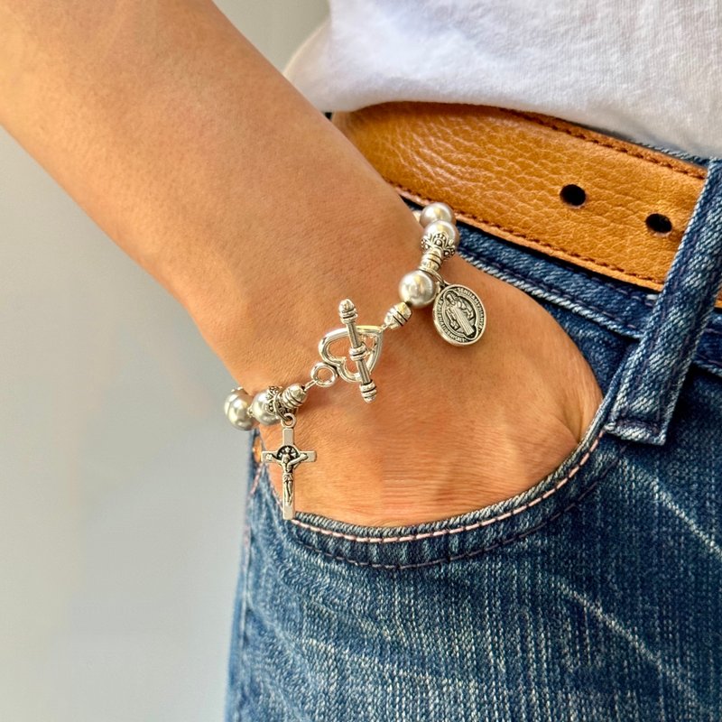 Catholic Customize Silver Bracelet St.Benedict Cross Light Gray Swarovski Pearls - Bracelets - Other Materials Multicolor