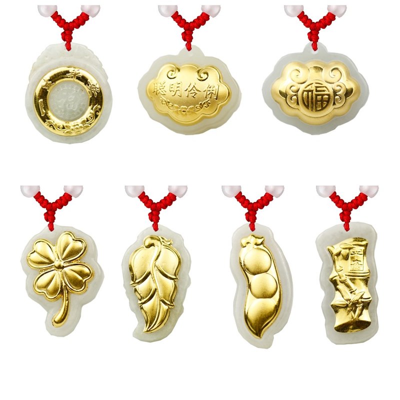 [Children's Painted Gold Jewelry] Thousand Pure Gold and Hetian Jade Necklaces, available in seven styles, all come with a red string (mid-month gold ornaments) - ของขวัญวันครบรอบ - ทอง 24 เค สีทอง