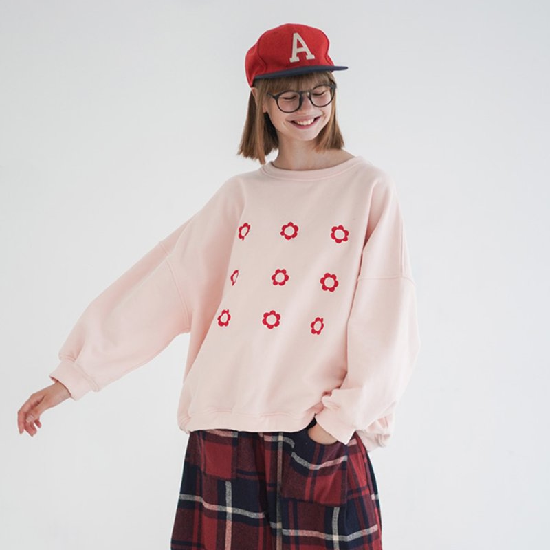紅繡花粉色厚T-shirt - imakokoni - 女上衣/長袖上衣 - 棉．麻 粉紅色