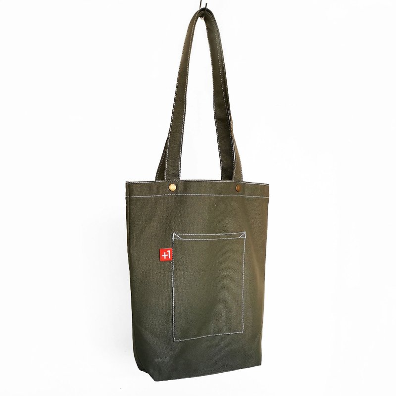 Plus 1 Army Green BASIC Canvas Tote Bag - กระเป๋าถือ - ผ้าฝ้าย/ผ้าลินิน สีเขียว